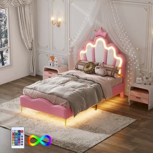 Flieks Polsterbett 90x200cm mit Lattenrost, Kinderbett mit Kronenförmigem Kopfteil, Jugendbett Einzelbett mit Led, Prinzessinnenbett Holzbett, PU