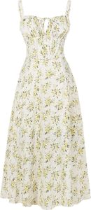 ASKSA Damen Sommer y aermellos Spaghettitraeger Boho Blumen Lang Kleid mit Schlitz (Gelb,L)
