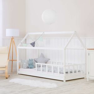 Homestyle4u 2385, Kinderbett Weiß Hausbett mit Rausfallschutz 90x200 cm Bodenbett Montessori Bett Bettenhaus Lattenrost