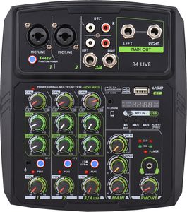 4-Kanal-Audiomixer mit LED-Display, Soundkarte, USB/Bluetooth, 2-Band-EQ, Gain, Delay, Aufnahme, Livestreaming, Karaoke, Broadcasting