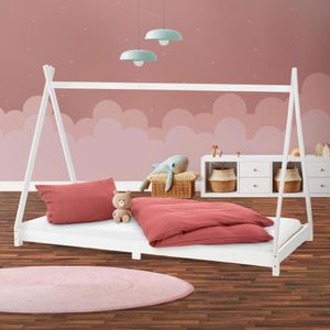 ML-Design Kinderbett Tipi mit Lattenrost, 90x200 cm, Weiß, aus massives Kieferholz, Hausbett Holzbett Bettenhaus Spielbett Bettgestell Zelt