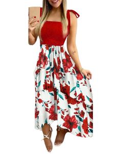 Damen Floral Ärmellos Strappy Maxi Kleid y Abend Party Langes Kleid,Farbe: Rot,Größe:L