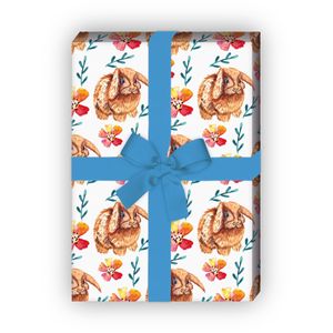 Süßes Oster Geschenkpapier mit puscheligen Osterhasen und Blumen, weiß - G8076, 32 x 48cm