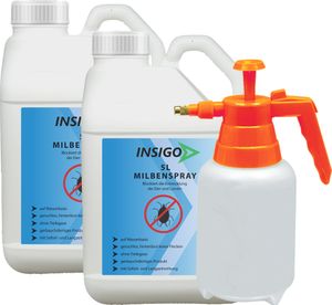 INSIGO 2x5L + 2L Sprüher Anti-Milbenspray, Mittel gegen Milben Milbenbefall Milbenfrei Schutz gegen Eier auf Wasserbasis, fleckenfrei, geruchlos, mit Schnell- & Langzeitwirkung frei EX