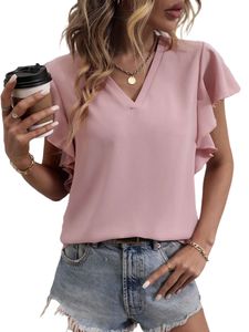 Damen Blusen Sommer Shirts Kurzarm Oberteile Elegant Tunika V-Ausschnitte Tshirt Rosa,Größe L