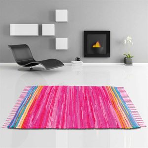 Flickenteppich handgewebter Teppich aus Baumwolle, stylischer und strapazierfähiger Fleckerlteppich (120 x 180cm / pink - rosa)