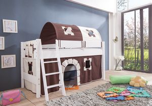 Relita Halbhohes Spielbett Kim Buche massiv weiß lackiert mit Textil-Set, braun/weiß