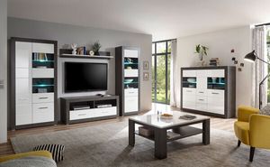 Etero Wohnzimmer Set 464cm dark concret / weiß Hochglanz Highboard Modern Wohnwand