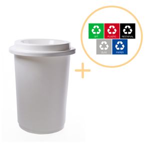 Plafor Abfalleimer Mülltrennungssystem Abfallbehälter rund 50L weiß- 60 x Ø 41 cm  – Kunststoff Küche Büro mit Abfall Recycling Aufkleber