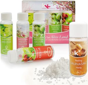 KK Saunaaufguss Set Altes Land Saunakonzentrat 4 x 100 ml/Flasche + 200g Sauna Salz