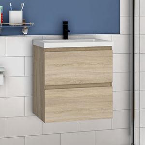 Waschtisch mit Unterschrank 50 cm Waschbecken Mineralguss mit Unterschrank Aalst-Matt Serie Eiche Matt