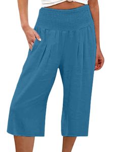 Damen Caprihose Haremshose 3/4 Hose mit Taschen High Waist Leicht Yoga Sommerhose Pfauenblau,Größe L