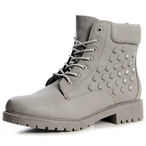 topschuhe24 1209 Damen Worker Boots Stiefeletten Schnürer Nieten, Farbe:Grau, Größe:38 EU