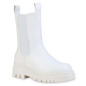 VAN HILL Damen Plateau Boots Stiefeletten Blockabsatz Prints Profil-Sohle Schuhe 837784, Farbe: Weiß Muster, Größe: 38