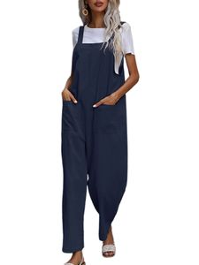 Damen Jumpsuit weites Bein ärmellose lässige Sporthose einfarbige Jumpsuit Dunkelblau,Größe M