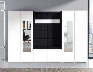 Garderoben-Set "Olsen" mit 2 Kleiderschränken mit Spiegel, Polsterplatten und Schuhregal, Ideal für Flur und Eingangsbereich (Weiß, Trinity 16)