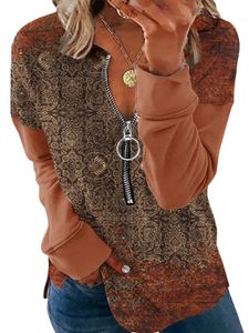 Damen Geblümte Sweatsshirts Mit Reißverschluss Klein V-Ausschnitt Bluse Langarmshirt Lässige Pullover,Farbe:Orange,Größe:Xl