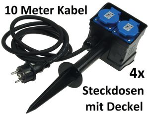 ChiliTec Gartensteckdose 4-fach Aussensteckdose mit Erdspieß 4x Steckdose 10m Kabel IP44 230V zugelassen für den dauerhaften Einsatz im Aussenbereich I mit Klappdeckel I Gartenbeleuchtung Wetterfest