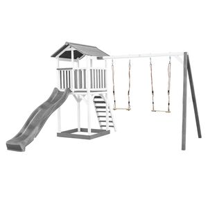 AXI Beach Tower Spielturm aus Holz in Weiß & Grau | Spielhaus für Kinder mit grauer Rutsche, Doppelschaukel und Sandkasten | Stelzenhaus für den Garten