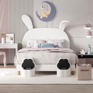 Flieks čalúnená posteľ 140x200cm s 2 úložnými stoličkami, detská posteľ s čelom v tvare králičieho ucha, posteľ pre mladých s LED, manželská posteľ drevená posteľ zamatová, béžová