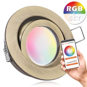 RGB - CCT LED Einbaustrahler Set extra flach in gold / messing mit 5W Leuchtmittel von LEDANDO- 16 Mio. Farben + Warmweiß bis Kaltweiß  - rund