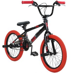 deTox Freestyle BMX 18 Zoll Kinder Fahrrad ab 115 cm mit 4 Pegs 360° Rotor unisex Mädchen Jungen Kinderbmx, Farbe:schwarz/rot