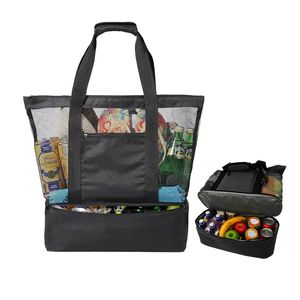 Strandtasche Mesh, mit Reißverschluss und integrierter Kühltasche, wasserabweisende Faltbare mit  für Strand Reise Urlaub, Picknick und Shopping