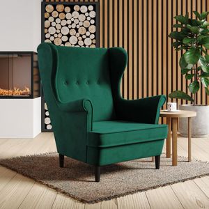 Ohrensessel Falco II Sessel mit Knöpfe stilvoll Polstersessel für Wohnzimmer, Stoff: kronos 19 - flasches grün, Beinefarbe: Wenge