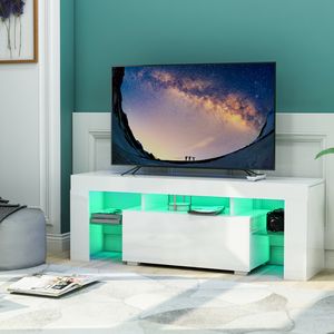 Merax TV-Schrank LED Lowboard Hochglanz Fernsehschrank mit 16 LED-Beleuchtung Farben und Ablagen, Fernsehtisch LED Sideboard 130x45x35cm, weiß