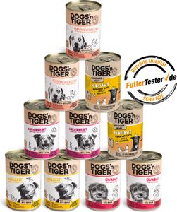 Dogs'n Tiger Krmivo pro dospělé psy, mokré krmivo, bez obilovin, mix balení Top of the tops! Dogs, hovězí, jehněčí, kuře a kachna, 10dílná sada