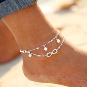 2er Set Fußkettchen Fußkette Damen Infinity Weiße Perlen Silber Unendlichkeit Fusskette