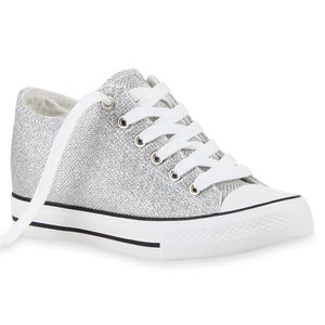 Mytrendshoe Damen Sneaker-Wedges Glitzer Keil Absatz Sneakers Schuhe 811084, Farbe: Silber, Größe: 37