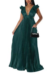 Damen Abendkleider V-Ausschnitt Kleider Ballkleider Einfarbig Sommerkleid Partykleid Grün,Größe M