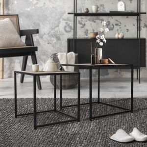 ML-Design Beistelltisch 2er Set, 40x40x40/50x50x45 cm, Schwarz/Eichenoptik, aus Metall, stapelbar, Couchtisch-Set Satztische 2 Größen, 2 tlg Wohnzimmertische, Sofatische Kaffeetische