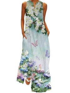 Damen Sommerkleid Maxikleid Ärmellos Lang Kleid Entspannt Elegant Swing Strandkleid Stil h,Größe L