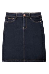 Damen Denim Jeans Rock Classic Stretch Knielang Basic Midi Skirt Dicke Kontrast Naht mit Schlitz, Farben:Blau, Größe:36