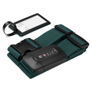 Navaris Kreuzkoffergurt mit TSA Zahlenschloss und Adressanhänger - Koffergurt mit Schloss und Namensschild - Reise-Sicherheitsset für Koffer - Grün