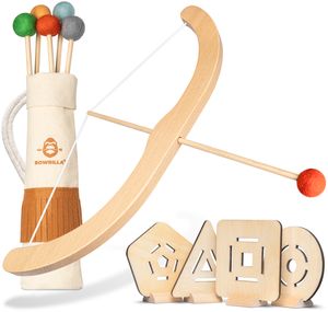 BOWRILLA Pfeil und Bogen Kinder Holzspielzeug mit 5 Pfeilen, 4 Zielscheiben und Köcher