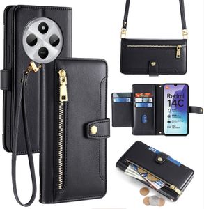 Handykette für Xiaomi Redmi 14C / Poco C75 – Hülle mit Band, Kartenfächern, Kunstleder Umhängetasche in Schwarz