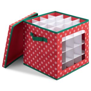 Navaris Aufbewahrungsbox für Weihnachtskugeln - Sortierbox für Christbaumkugeln - Box Aufbewahrung 64 Fächer - quadratisch mit Deckel - Grün Rot