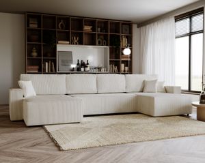 GOLDSTOFF Ecksofa mit Schlaffunktion Amalia U - Sofa mit Bettkasten, Schlafsofa, Ecksofas schlaffunktion, Eckcouch - BEIGE