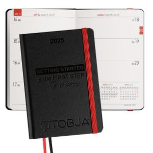 Taschenkalender 2025 A6 schwarz - 1 Woche 2 Seiten, Robustes Hardcover, Taschenkalender 2025 klein, Ferien & Feiertage, 2 Lesebändchen & Gummibandverschluss, Kalendervorschau 2026, Kalender 2025 a6