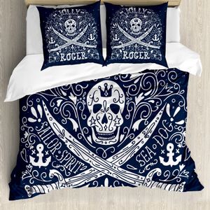 ABAKUHAUS Schädel Bettbezug, Piraten Jolly Roger Flagge, Milbensicher Allergiker geeignet mit Kissenbezügen, 155 cm x 220 cm - 80 x 80 cm, Dunkelblau und Weiß