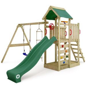 WICKEY Hrací věž MultiFlyer s houpačkou a skluzavkou, šplhací věž s pískovištěm, žebříkem a herními doplňky - zelená
