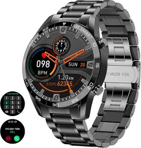 Smartwatch Herren, Fitness-Tracker mit Bluetooth-Anruf Antwort Herzfrequenz für Android-Telefone iOS, IP67 Wasserdicht Sportuhr Edelstahl 1,3" Zoll Touchscreen Telefon Uhr Männer Schwarz