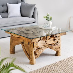 riess-ambiente Maritimer Couchtisch RIVERSIDE 80cm natur Teakholz massiv Glasplatte Beistelltisch Tisch