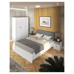 Schlafzimmer Set mit 160 cm Bett inkl. Lattenrost und Bettkasten LEESTON-131 Landhaus Design in matt weiß mit Lefkas Eiche Nb.