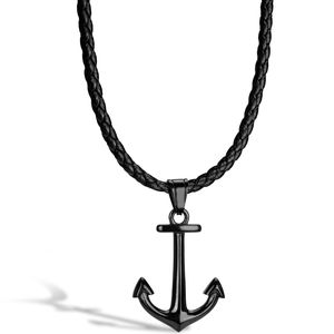 SERASAR | Lederhalskette für Männer [Anchor] mit schwarzem Edelstahl Anhänger | Farbe: Schwarz | Länge: 60cm
