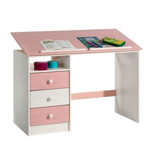 Kinderschreibtisch KEVIN aus Kiefer in weiß/rosa, schöner Schülerschreibtisch mit Neigungsverstellung, praktischer Schreibtisch mit 3 Schubladen und Ablagefach