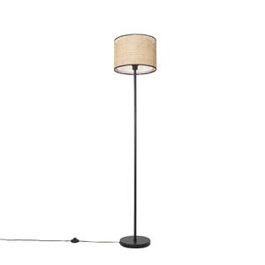 QAZQA - Landhaus I Vintage Land Stehlampe schwarz mit Rattanschirm - Kata I Wohnzimmer I Schlafzimmer - Länglich - LED geeignet E27